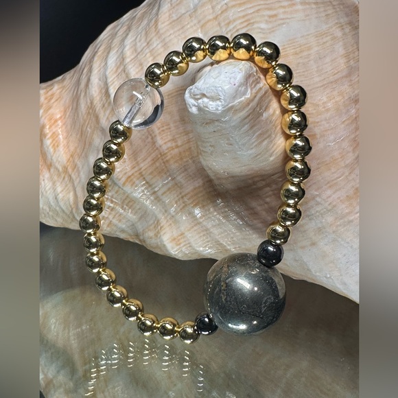 CLEAR  QUARTZ + GOLD-FILLED + PYRITE NATURAL STONES BRACELET size 7” - Picture 3 of 16